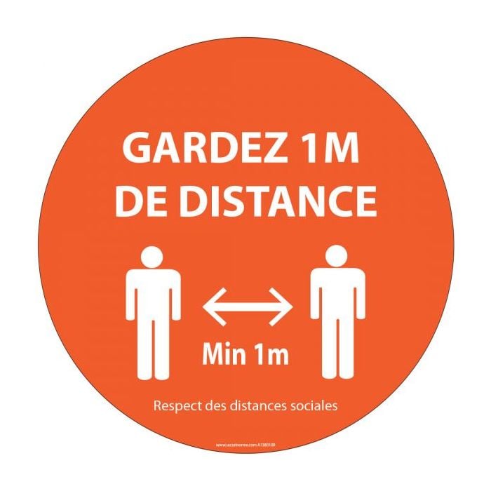 Panneau gardez 1m de distance orange autocollant diam 315mm